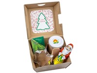 Geschenkset Kerstmis - Sparrenzaadstokje, stervormpjes, een potje Sinaasappelmarmelade en chocolade Sinterklaas